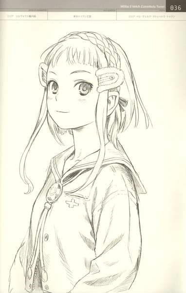 Anime picture 2868x4500 with last exile last exile: gin'yoku no fam gonzo linkage (artbook) millia il velch cutrettola turan range murata single long hair tall image looking at viewer highres simple background smile payot looking away upper body braid (braids) scan character names monochrome