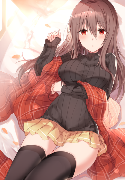 Anime picture 1000x1438 with original kinona (kino10) single long hair tall image looking at viewer blush fringe breasts hair between eyes red eyes brown hair large breasts indoors lying long sleeves parted lips pleated skirt arm up sunlight