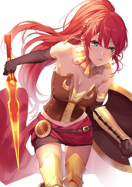 Anime picture 566x800 with rwby rooster teeth pyrrha nikos yappen single long hair tall image looking at viewer fringe breasts hair between eyes bare shoulders green eyes ponytail red hair girl skirt gloves weapon miniskirt