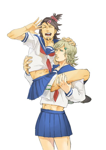Anime picture 705x1000 with tiger & bunny sunrise (studio) kaburagi t. kotetsu barnaby brooks jr. ito_35 tall image short hair open mouth simple background blonde hair smile brown hair white background green eyes eyes closed teeth bare belly hand on head carrying boy