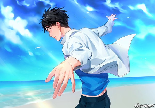 Anime picture 1289x900 with yuri!!! on ice mappa katsuki yuuri gearous single fringe short hair black hair standing signed sky cloud (clouds) eyes closed parted lips profile wind open shirt spread arms wind lift boy