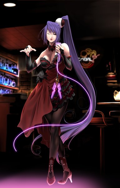 Anime picture 1284x2000 with original sumomo kpa yuan (artist) single tall image breasts bare shoulders brown eyes purple hair ponytail very long hair one eye closed wink girl dress detached sleeves pantyhose shoes microphone
