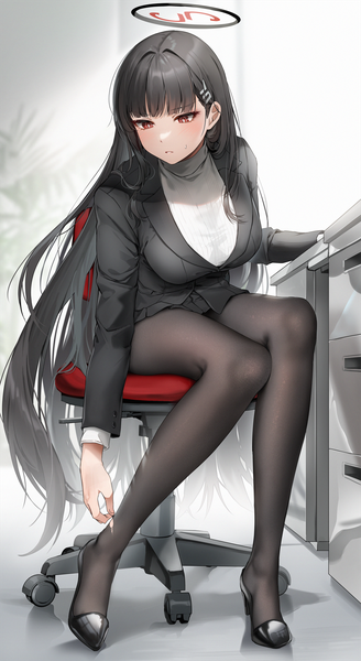 Anime picture 1000x1830 with blue archive rio (blue archive) gijang single long hair tall image blush fringe breasts light erotic black hair red eyes sitting full body bent knee (knees) outdoors blunt bangs long sleeves parted lips high heels