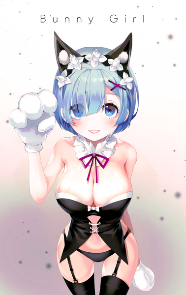 Anime picture 1652x2622 with re:zero kara hajimeru isekai seikatsu white fox rem (re:zero) buri (retty9349) single tall image looking at viewer blush fringe short hair breasts blue eyes light erotic simple background large breasts standing bare shoulders animal ears blue hair cleavage