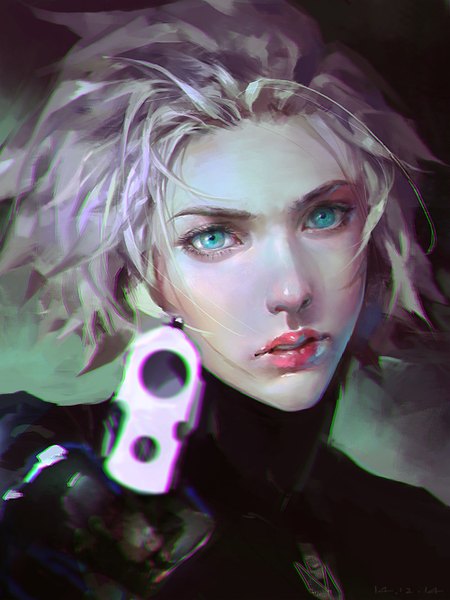 Anime picture 1000x1333 with june y.cheng single tall image short hair holding parted lips aqua eyes lips grey hair realistic teeth messy hair girl weapon gun pistol