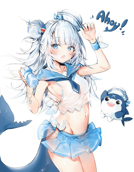 Anime picture 3500x4500 with virtual youtuber hololive hololive english gawr gura bloop (gawr gura) silver (chenwen) single long hair tall image looking at viewer blush fringe highres breasts open mouth blue eyes light erotic simple background standing white background