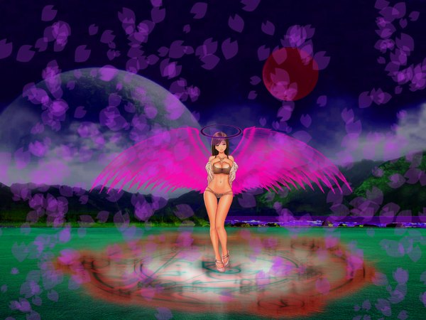 Anime picture 1600x1200 with original single long hair breasts light erotic brown hair large breasts brown eyes magic red moon fake wings girl swimsuit bikini petals wings halo planet magic circle