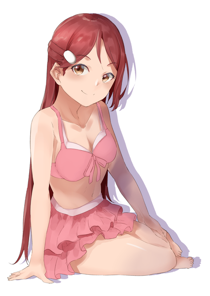 Anime picture 2508x3541 with love live! sunshine!! sunrise (studio) love live! sakurauchi riko qwyte single long hair tall image looking at viewer blush fringe highres breasts light erotic simple background smile white background sitting bare shoulders yellow eyes