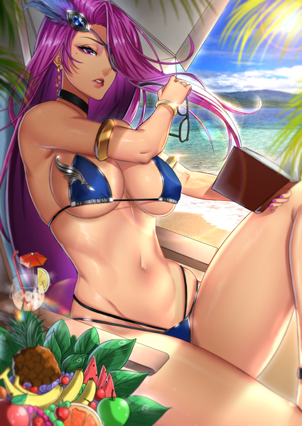 Anime picture 2507x3541 with akashic chronicle lesley (akashic chronicle) anima (togashi) single long hair tall image looking at viewer fringe highres breasts light erotic large breasts sitting purple eyes holding sky cleavage purple hair cloud (clouds) bent knee (knees)