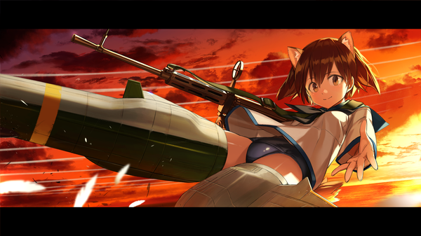 Anime picture 1699x956 with strike witches miyafuji yoshika kirii single looking at viewer short hair light erotic smile brown hair wide image holding brown eyes animal ears sky cloud (clouds) outdoors tail lying animal tail on back
