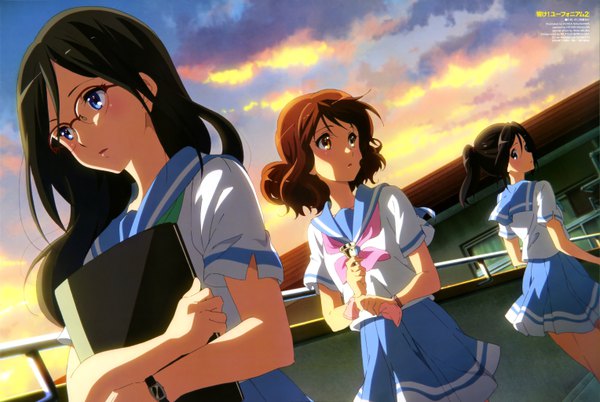 Anime picture 6108x4095 with hibike! euphonium kyoto animation oumae kumiko tanaka asuka kasaki nozomi nagahama ayaka long hair highres short hair blue eyes black hair brown hair multiple girls brown eyes looking away absurdres sky cloud (clouds) ponytail girl