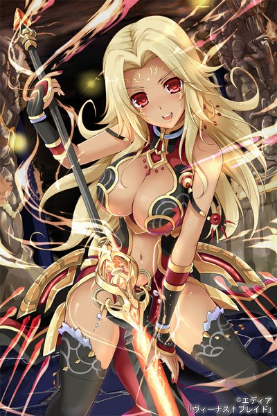 Anime-Bild 640x960 mit venus blade hisenkaede single long hair tall image fringe breasts open mouth light erotic blonde hair red eyes large breasts bare shoulders holding nail polish alternate costume magic fighting stance girl thighhighs
