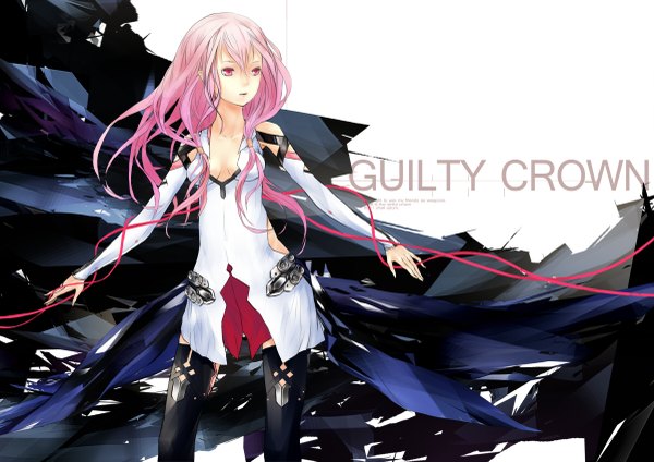 Anime picture 1200x849 with guilty crown production i.g yuzuriha inori noit (pixiv) single long hair fringe breasts looking away pink hair red hair girl thighhighs black thighhighs