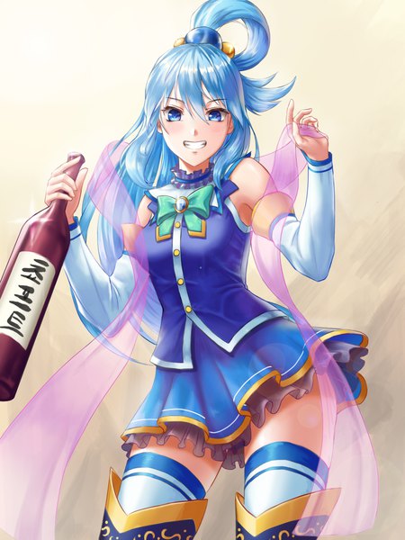 Anime picture 1500x2000 with kono subarashii sekai ni shukufuku wo! studio deen aqua (konosuba) chyopeuteu single long hair tall image looking at viewer fringe blue eyes smile hair between eyes blue hair teeth hair rings girl thighhighs skirt detached sleeves miniskirt