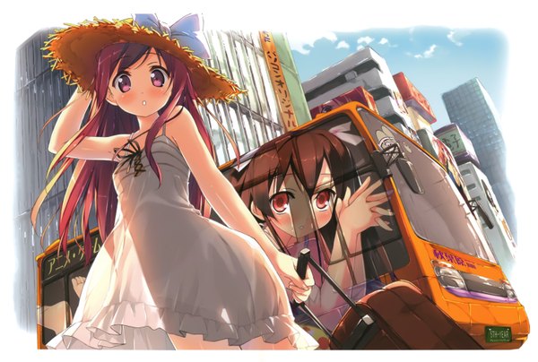 Anime picture 5951x4010 with original kurumi (kantoku) kantoku long hair looking at viewer blush highres open mouth red eyes absurdres red hair girl bow hat sundress ground vehicle suitcase bus