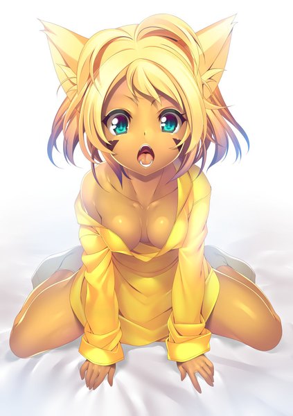 Anime picture 708x1003 with original kinoshita ichi single tall image looking at viewer fringe short hair breasts open mouth blue eyes light erotic blonde hair sitting animal ears cleavage full body cat ears off shoulder fang (fangs) dark skin