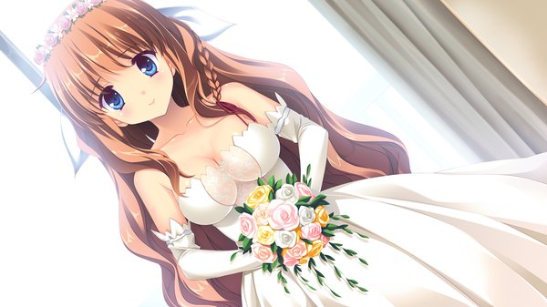 Anime picture 1920x1080 with melty moment orie yuuka long hair looking at viewer highres blue eyes light erotic brown hair wide image game cg girl dress gloves flower (flowers) elbow gloves bouquet wedding dress strapless dress