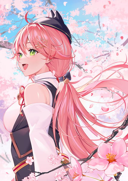 Anime picture 1200x1697 with virtual youtuber hololive sakura miko sakura miko (casual) kainown single long hair tall image fringe open mouth hair between eyes twintails green eyes looking away pink hair ahoge :d low twintails cherry blossoms official alternate costume