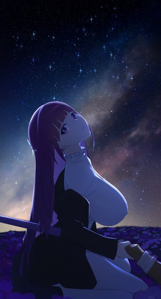 Anime picture 2862x5309 with sousou no frieren fern (sousou no frieren) serelith single long hair tall image looking at viewer fringe highres breasts light erotic sitting purple eyes purple hair outdoors blunt bangs head tilt off shoulder night night sky