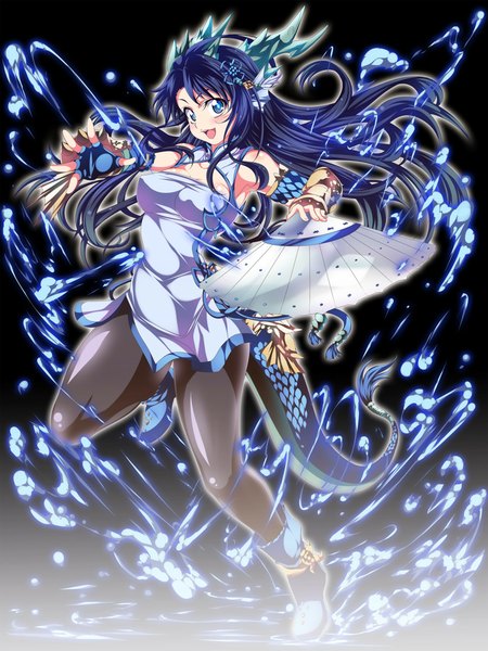 Anime picture 850x1133 with puzzle & dragons karin (p&d) proteinb6 single tall image breasts blue eyes blue hair traditional clothes black background chinese clothes cleavage cutout dragon girl leg up dragon tail girl thighhighs gloves hair ornament weapon