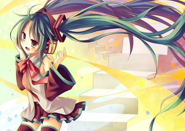 Anime picture 1412x1000 with vocaloid hatsune miku amane kurumi long hair blush open mouth twintails green eyes very long hair girl bow detached sleeves headphones star (symbol) ladder