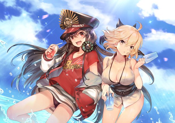 Anime picture 1240x877 with fate (series) fate/grand order koha-ace okita souji (fate) (all) oda nobunaga (fate) (all) oda nobunaga (swimsuit berserker) (fate) teddy (khanshin) long hair looking at viewer blush fringe short hair breasts open mouth light erotic black hair blonde hair smile hair between eyes red eyes