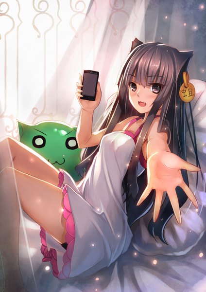 Anime picture 2480x3507 with original musynexsk single long hair tall image looking at viewer blush highres open mouth black hair brown eyes animal ears cat ears teeth cat girl fang (fangs) girl dress sundress phone