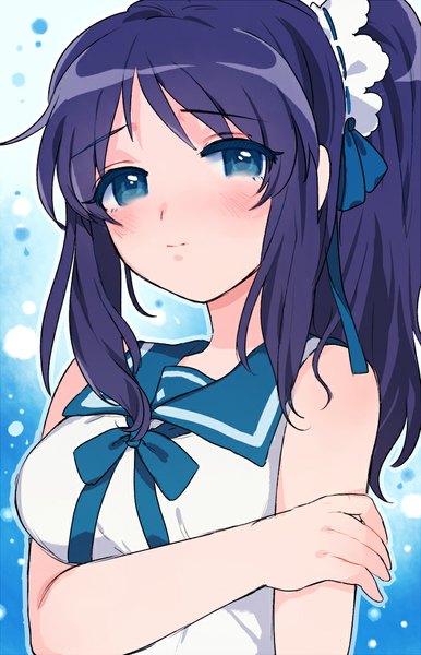 Anime picture 700x1088 with nagi no asukara p.a. works hiradaira chisaki unagi miyako single long hair tall image looking at viewer blush blue eyes bare shoulders purple hair side ponytail girl uniform school uniform