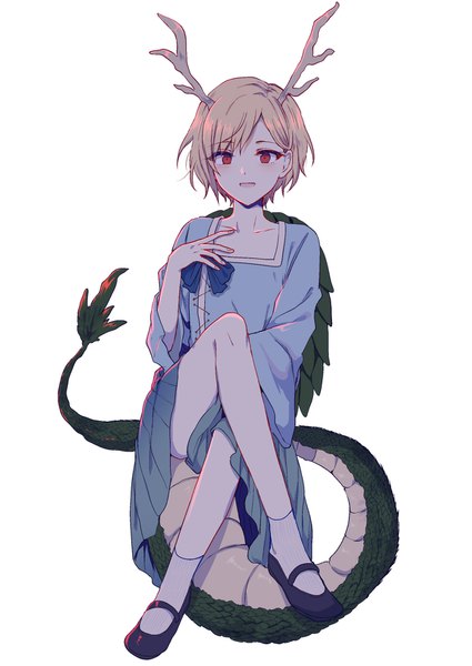 Anime picture 1200x1693 with touhou kicchou yachie uranaishi (miraura) single tall image short hair blonde hair red eyes sitting full body tail horn (horns) crossed legs dragon girl dragon tail girl socks shoes white socks mary janes