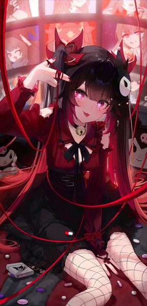 Anime picture 1800x3742 with honkai: star rail honkai (series) sparkle (honkai: star rail) pistachiocream single tall image looking at viewer fringe highres black hair sitting twintails blunt bangs very long hair nail polish pink eyes arm up arm support alternate costume facial mark