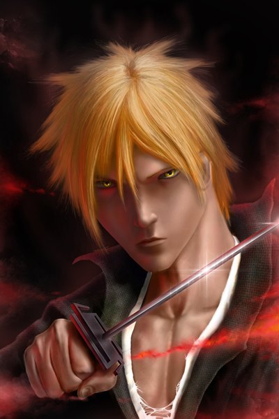 Anime picture 1024x1536 with bleach studio pierrot kurosaki ichigo gejsi (artist) single tall image short hair yellow eyes lips orange hair realistic boy sword katana