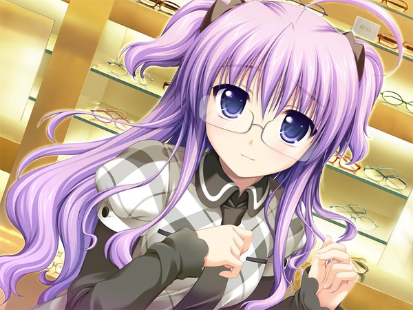 Anime picture 1024x768 with w. l. o. sekai ren'ai kikou ioroi hotaru long hair blue eyes game cg purple hair girl glasses
