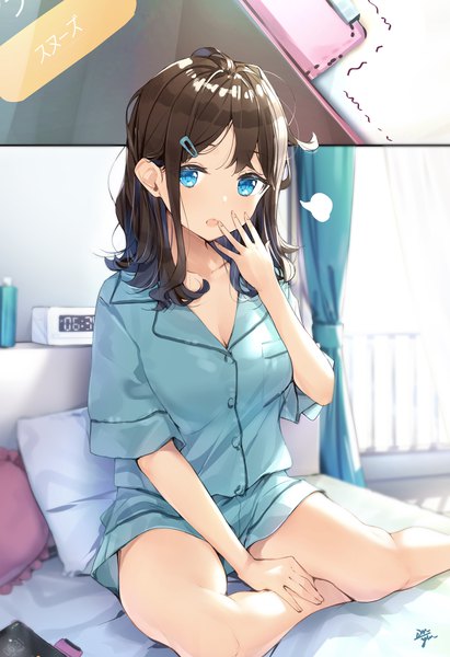 Anime picture 3222x4695 with original takenoko no you single long hair tall image looking at viewer fringe highres open mouth blue eyes hair between eyes sitting signed absurdres cleavage ahoge bent knee (knees) indoors arm up fingernails