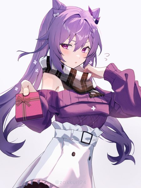 Anime picture 750x1000 with genshin impact keqing (genshin impact) keqing (lantern rite) (genshin impact) zakkuri single long hair tall image looking at viewer fringe simple background hair between eyes white background purple eyes twintails purple hair hair bun (hair buns) official alternate costume valentine flying sweatdrops girl