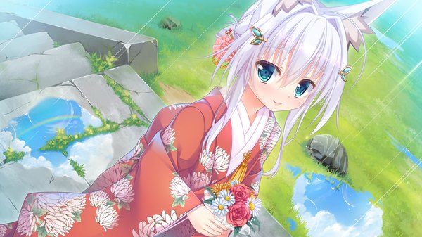 Anime picture 1280x720 with tenkiame shiro (tenkiame) yuzu modoki single looking at viewer blush fringe short hair smile hair between eyes wide image standing holding green eyes animal ears game cg sky cloud (clouds) ahoge outdoors