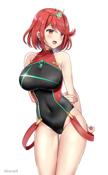 Anime picture 877x1415 with xenoblade xenoblade 2 pyra (xenoblade) pyra (pro swimmer) (xenoblade) kaetzchen single tall image blush fringe short hair breasts open mouth light erotic simple background smile hair between eyes large breasts standing white background bare shoulders