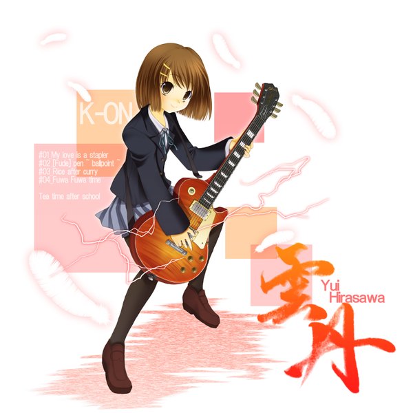 Anime picture 1500x1500 with touhou hirasawa yui nashigami tsubute (artist) single short hair smile brown hair black eyes girl uniform hair ornament school uniform shoes bobby pin feather (feathers) musical instrument guitar