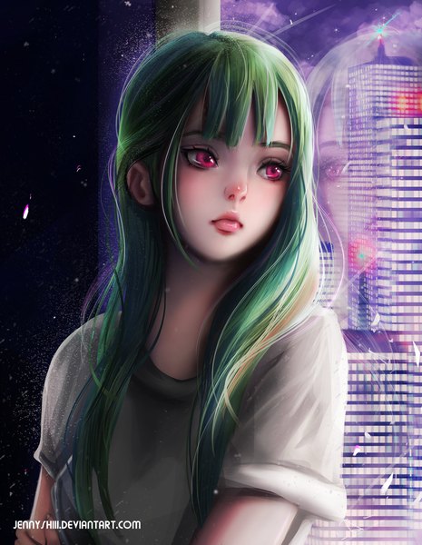 Anime picture 900x1160 with original jennyshiii single long hair tall image fringe signed looking away sky cloud (clouds) pink eyes green hair night night sky lipstick watermark reflection pink lipstick makeup city lights