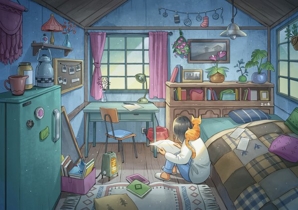 Anime picture 3000x2121 with original kitsu+3 single long hair highres black hair sitting holding signed full body girl flower (flowers) plant (plants) animal socks shoes window pillow book (books) bed