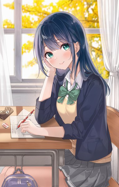 Anime picture 2644x4147 with original lebring single long hair tall image looking at viewer blush fringe highres smile sitting holding payot blue hair indoors pleated skirt aqua eyes open clothes mole mole under eye