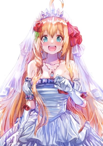 Anime picture 2150x3035 with princess connect! re:dive princess connect! pecorine (princess connect!) rabengadayon single long hair tall image looking at viewer blush fringe highres breasts open mouth blue eyes simple background smile hair between eyes standing white background bare shoulders