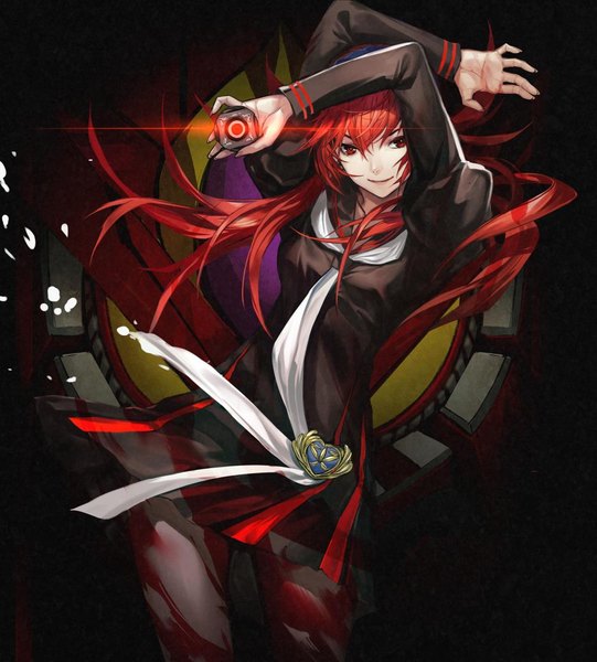 Anime picture 1000x1109 with bubuki buranki banryuu reoko infukun single long hair tall image looking at viewer fringe hair between eyes red eyes standing holding red hair long sleeves pleated skirt fingernails light smile arms up leaning floating hair