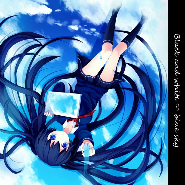 Anime picture 1000x1000 with vocaloid monochro blue sky (vocaloid) hatsune miku single long hair looking at viewer fringe blue eyes twintails holding blue hair sky cloud (clouds) upside down painting girl uniform school uniform socks paint