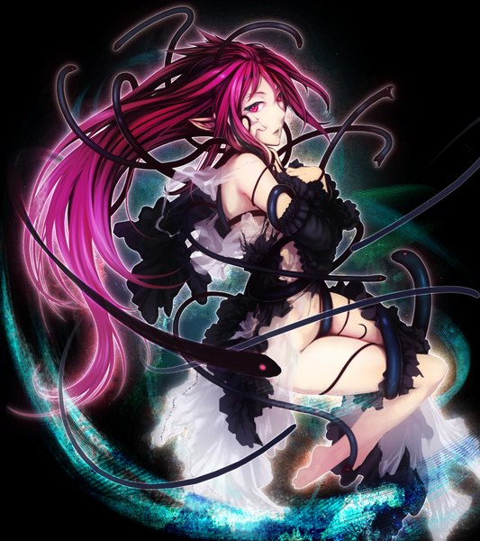 Anime picture 1600x1800 with original un (alternatif) single long hair tall image looking at viewer light erotic red eyes bare shoulders red hair barefoot pointy ears girl dress snake