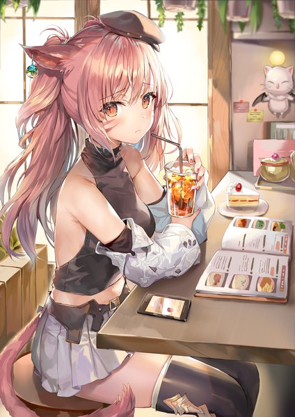 Anime picture 1000x1414 with final fantasy final fantasy xiv square enix miqo'te moogle momoko (momopoco) single long hair tall image looking at viewer blush fringe hair between eyes sitting twintails bare shoulders holding animal ears payot pink hair