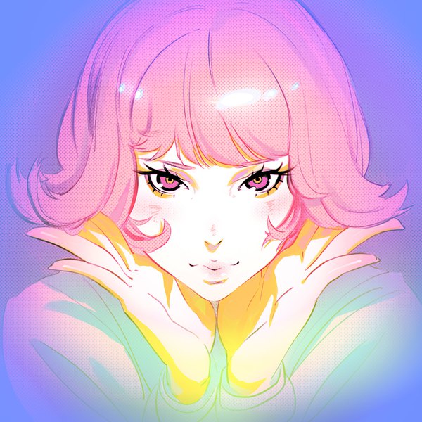 Anime picture 1080x1080 with original ilya kuvshinov single looking at viewer fringe short hair pink hair upper body blunt bangs pink eyes gradient background polka dot polka dot background girl