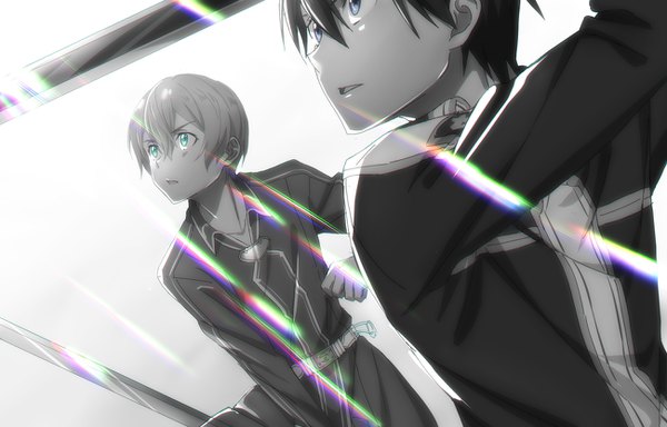 Anime picture 1300x832 with sword art online a-1 pictures kirigaya kazuto eugeo (sao) fcc fringe short hair open mouth simple background hair between eyes white background holding green eyes looking away upper body multiple boys grey eyes monochrome light fighting stance