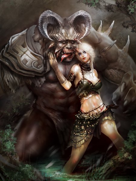 Anime picture 750x1000 with tagme (copyright) huang dahong long hair tall image looking at viewer breasts open mouth blue eyes light erotic blonde hair standing outdoors white hair head tilt horn (horns) midriff tattoo long tongue girl navel
