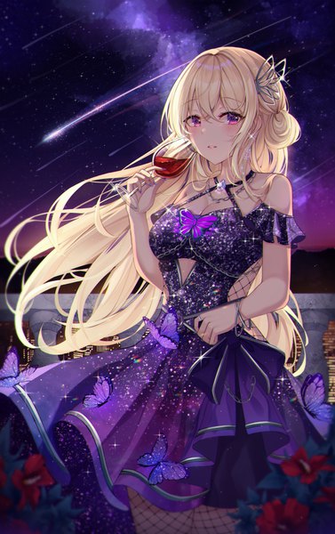 Anime picture 3753x5977 with original yulha 06 single long hair tall image looking at viewer fringe highres breasts blonde hair hair between eyes standing bare shoulders holding absurdres cleavage outdoors nail polish parted lips pink eyes