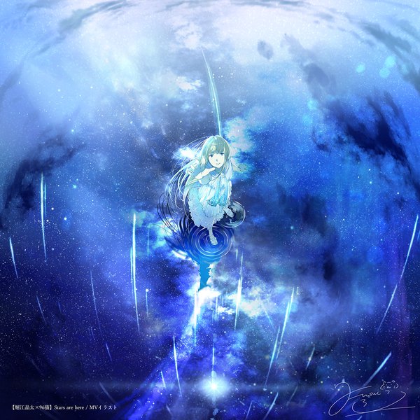 Anime-Bild 1200x1200 mit original fusui single long hair looking at viewer fringe blue eyes standing signed cloud (clouds) full body arm up from above wind aqua hair night night sky reflection outstretched hand scenic